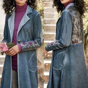 Soft Surroundings Heart of Autumn Velvet Jacket Blue Size Medium Embroidered